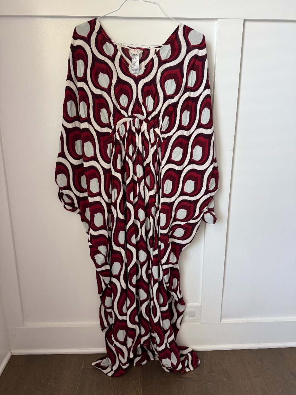 Free People Groovy Baby Maxi Kaftan Red White One Size Beachy Oversized - Picture 2 of 7